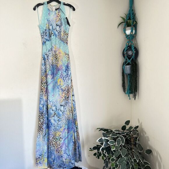 Guess Marciano Long Maxi Dress Blue Leopard Chiffon Lace Designer 42 US M New - Picture 1 of 11